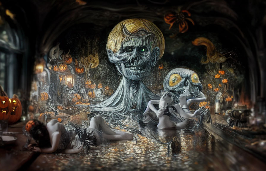 Spooky Halloween Illustration with Ghosts, Skeletons, and Pumpkins