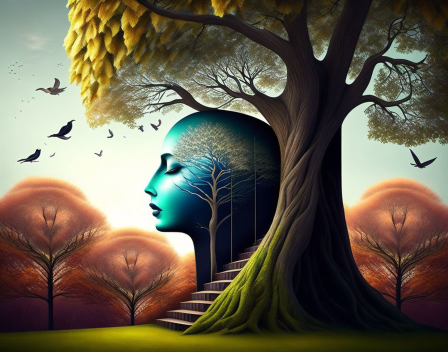 Surreal female head profile merged with tree, staircase to brain-shaped canopy, birds flying around