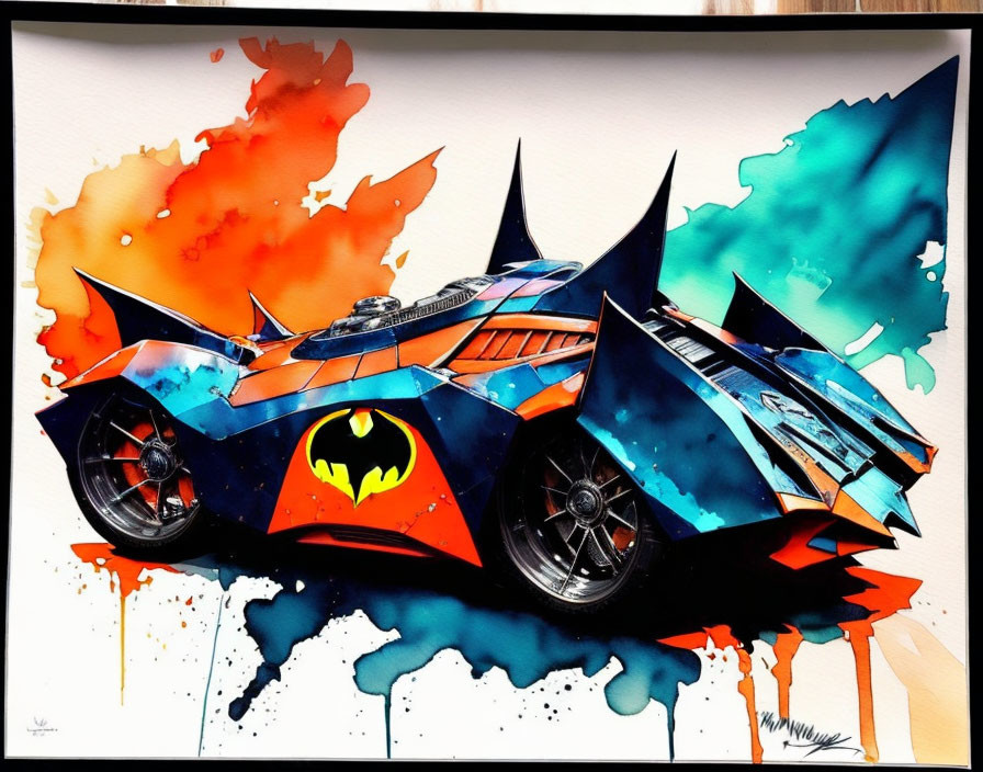 Vivid Abstract Watercolor Painting of Stylized Batmobile