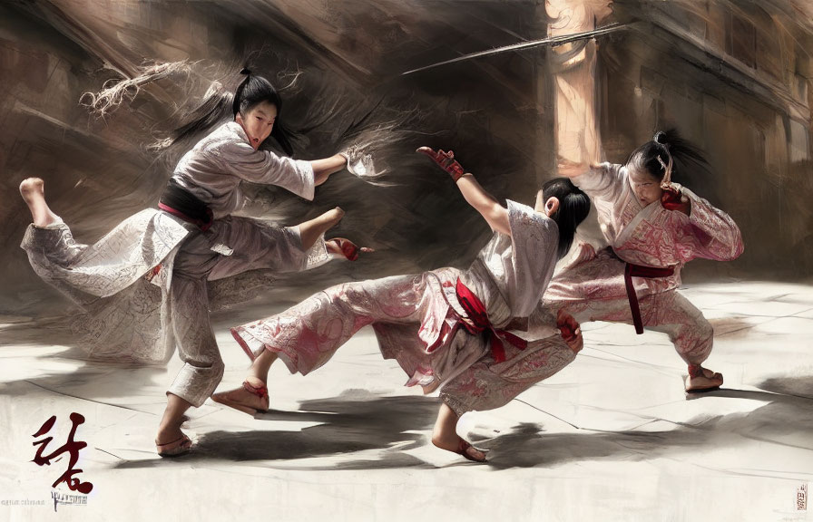 Traditional Attire Martial Artists Sparring in Sunlit Dojo