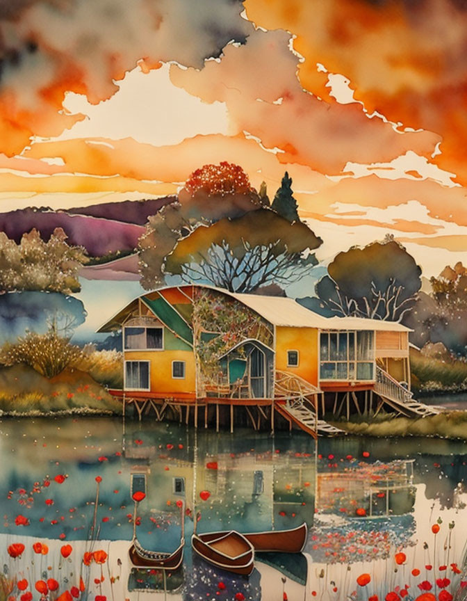 Tranquil watercolor painting of stilt house by calm lake at sunset