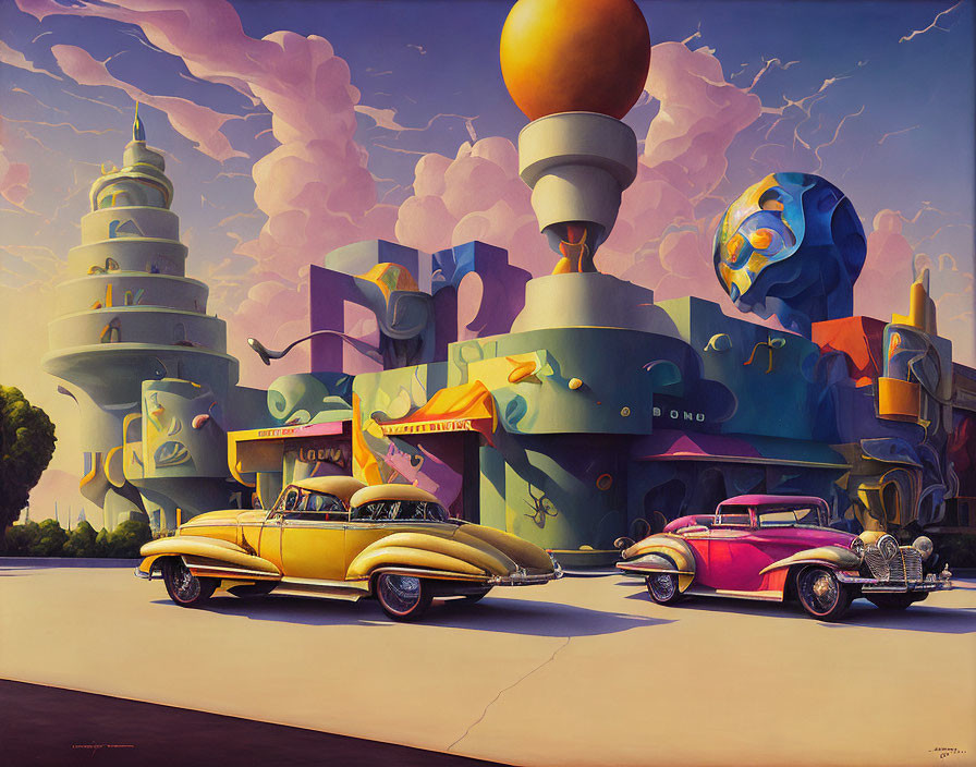 Vintage cars in front of colorful cityscape with surreal buildings under dramatic sky