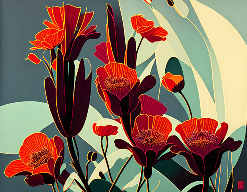 Vibrant red and orange flowers with dark outlines on cool green and blue background