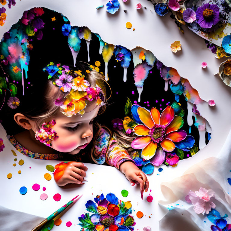 Colorful Child Portrait with Artistic Flower Designs