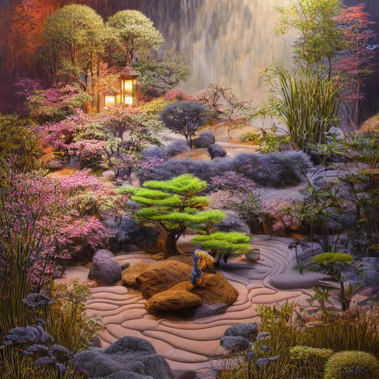 Japanese Garden Twilight Scene with Koi Pond and Blossoming Trees