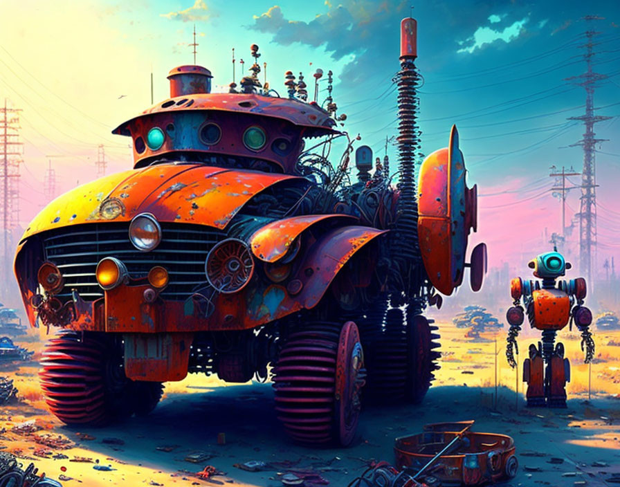 Colorful Digital Artwork: Oversized Orange Robot in Surreal Landscape