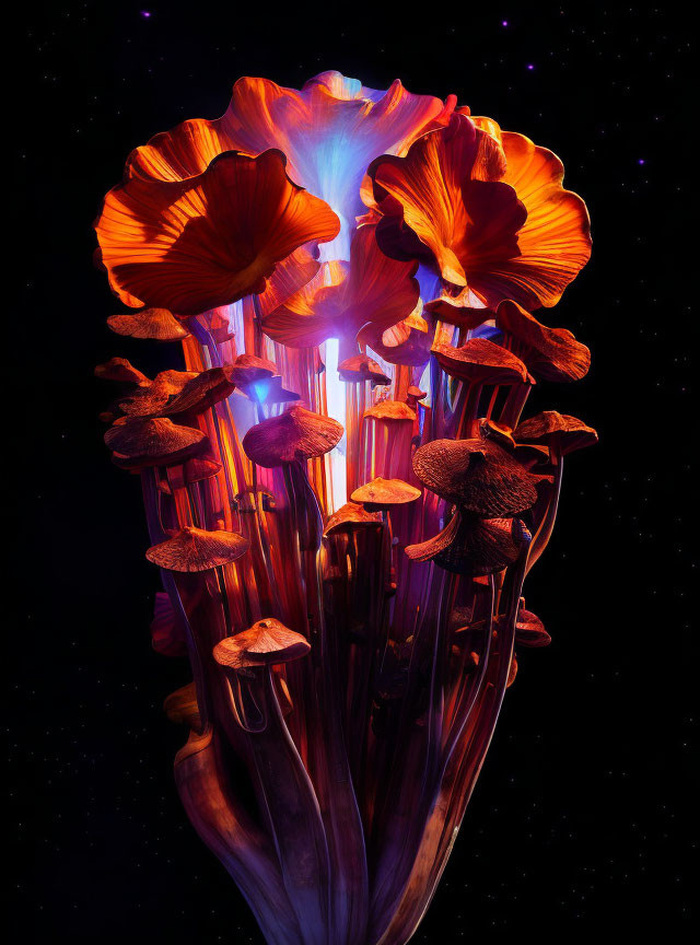 Vivid Digital Artwork: Mushroom Structures Emitting Light in Cosmic Setting