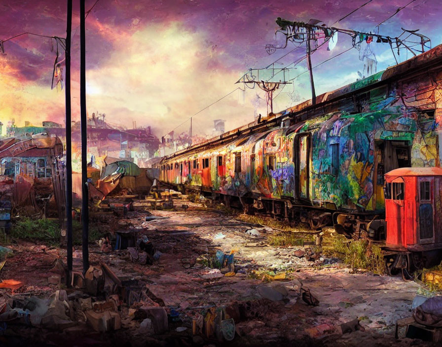 Abandoned graffiti-covered trains under vibrant sky with debris and overgrown tracks