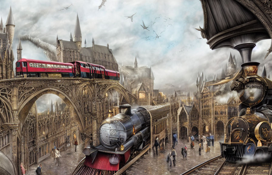 Fantastical Train Station with Steam Trains and Flying Creatures