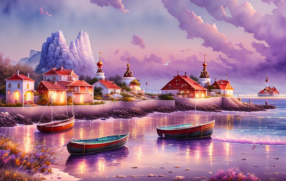 Scenic coastal village with boats, flowers, purple sunset, mountain, and whimsical clouds.