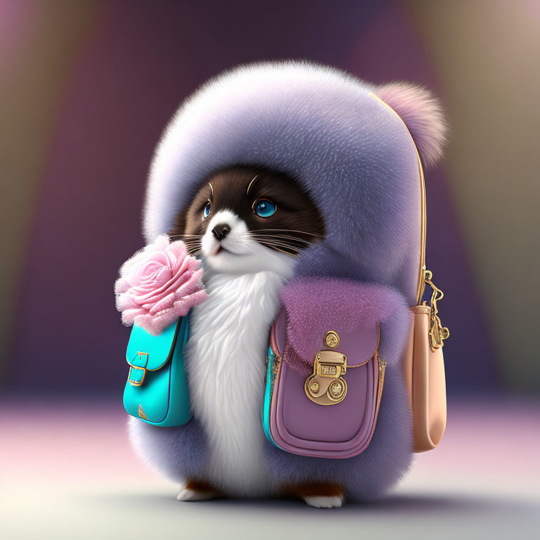 Fluffy anthropomorphic cat with purple hat, pink bag, and blue umbrella