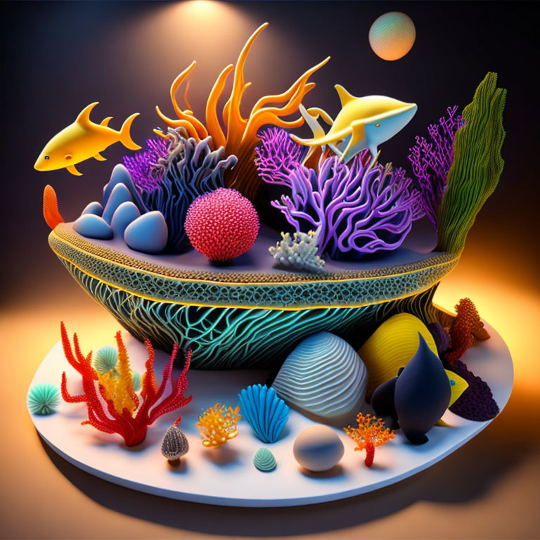 Colorful 3D illustration of mini marine ecosystem with fish, coral, seashells, plants