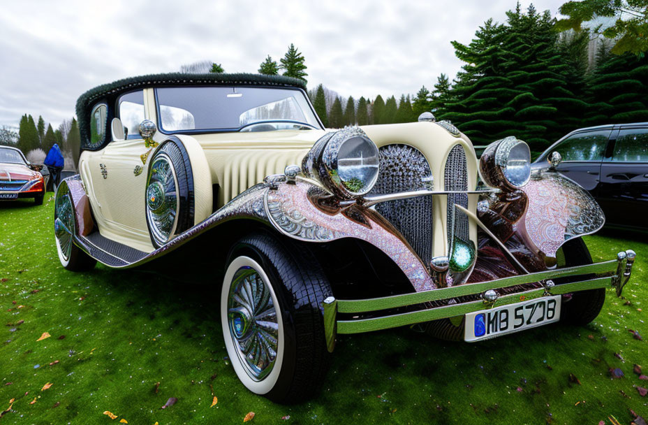 Vintage Art-Deco Classic Car Displayed on Grassy Field