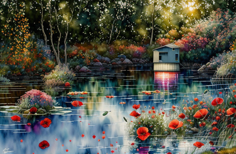 Tranquil lakeside view with red poppies, wooden hut, and soft dusk light