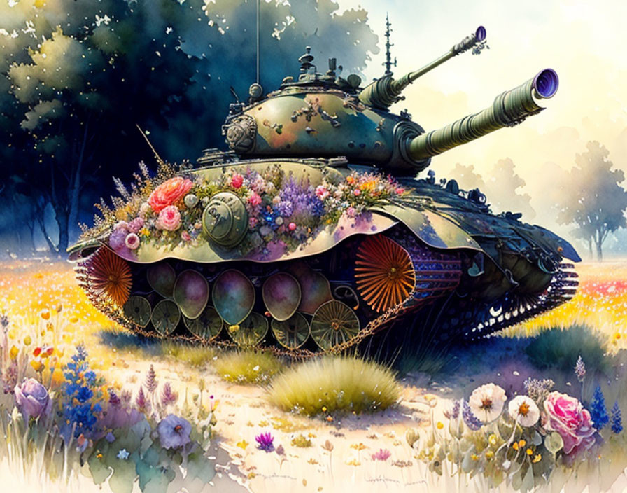 Colorful artwork: Abandoned tank covered in flowers in sunny field