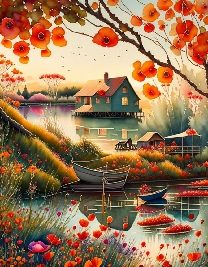 Colorful Lakeside Sunset Scene with Cottage, Rowboat, Poppies