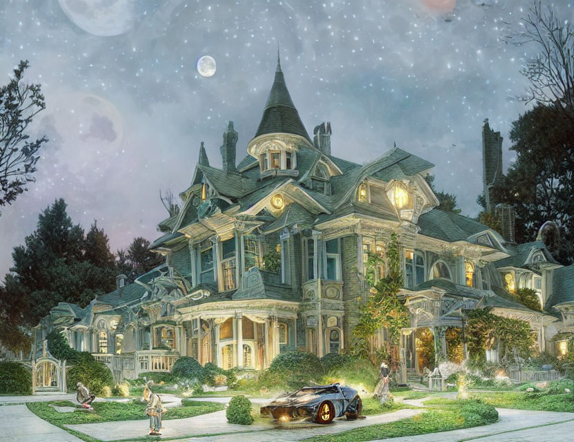 Victorian mansion with illuminated windows and lush gardens at twilight