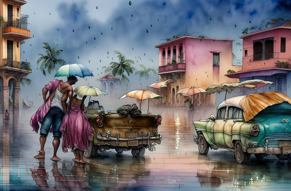 Rainy day scene: Two people with umbrellas, vintage cars, and pastel buildings