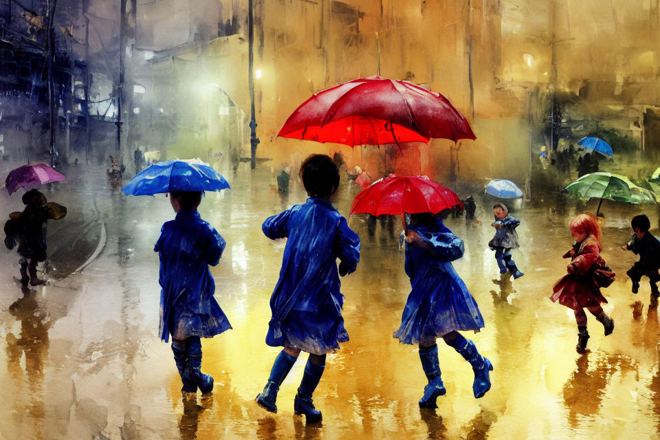 Children with colorful umbrellas and raincoats in a golden-lit rainy street