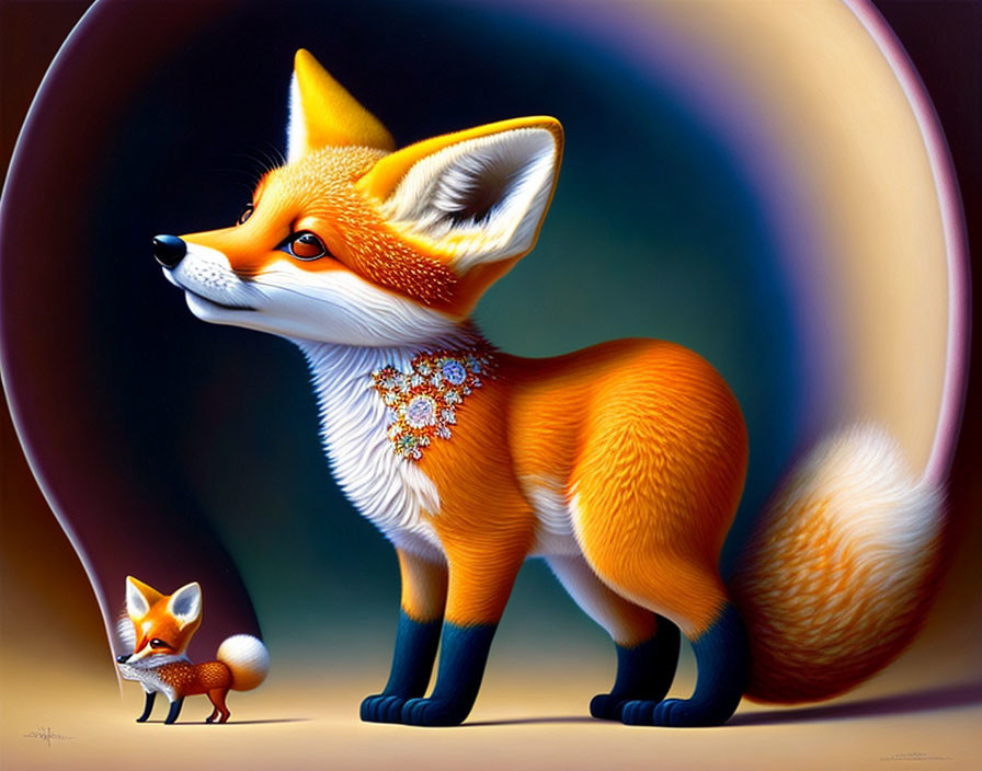 Stylized large and small foxes with ornate details on dark background