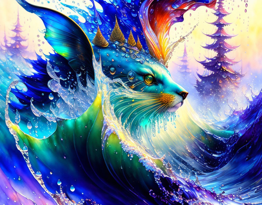 Colorful Fantasy Feline Fish-Tail Creature Emerges from Water