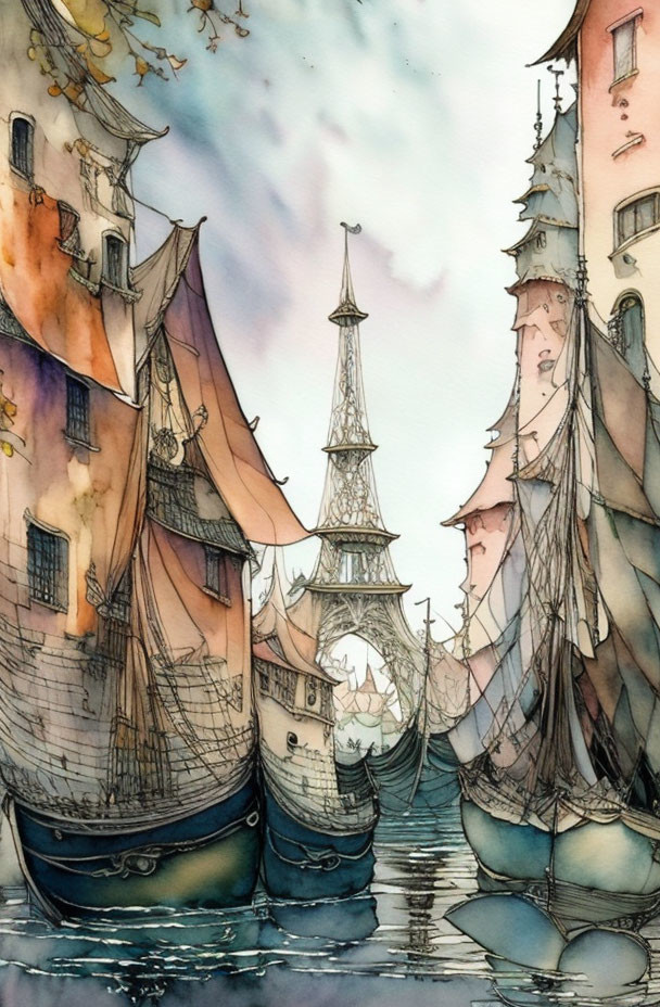 Sailboats and European architecture in watercolor art