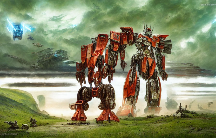 Giant red and orange robot in grassy field with dramatic sky and flying craft