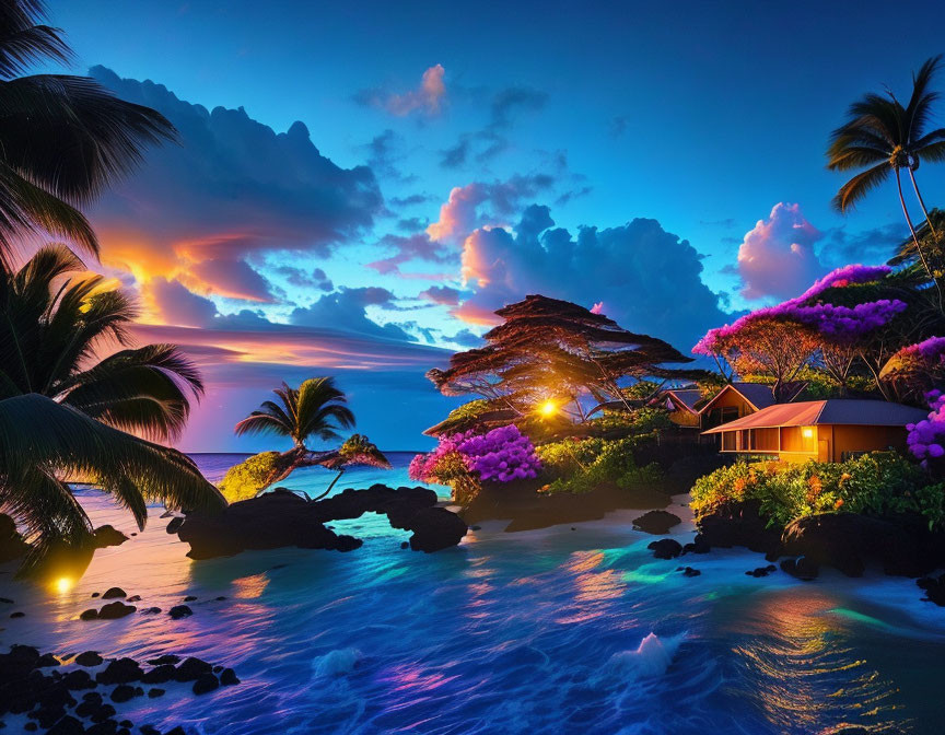 Twilight tropical beach scene with vibrant sky hues, lush foliage, flowering trees, and cozy beach house