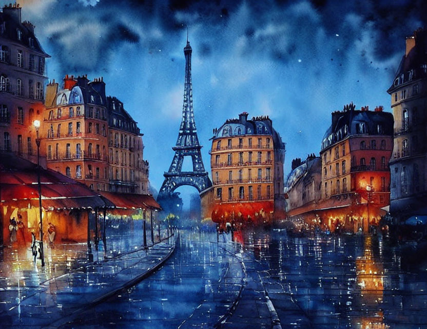 Watercolor painting of Paris twilight with Eiffel Tower & European buildings