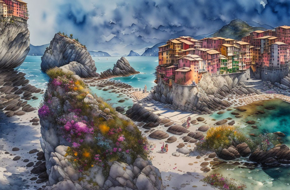 Colorful Coastal Village Nestled Among Rocky Outcrops and Serene Waters