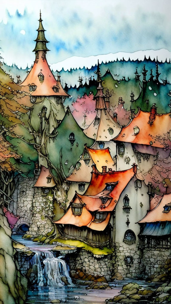 Whimsical village with colorful houses and waterfall in forest