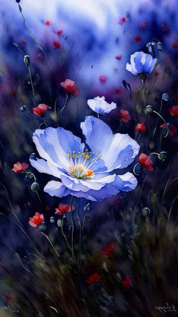 Vivid Blue Flower Watercolor Painting with Yellow Stamens