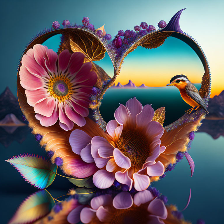 Colorful digital artwork: Bird on floral structure with heart loop in dusk seascape