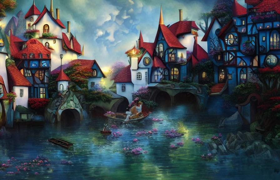 Vibrant fantasy village scene with whimsical houses and river boat at twilight