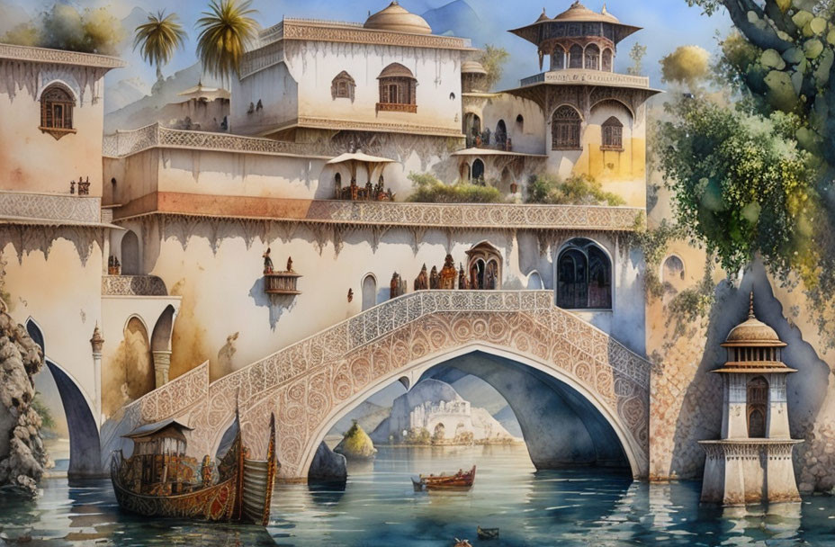 Idyllic riverside scene with traditional architecture and arched bridges