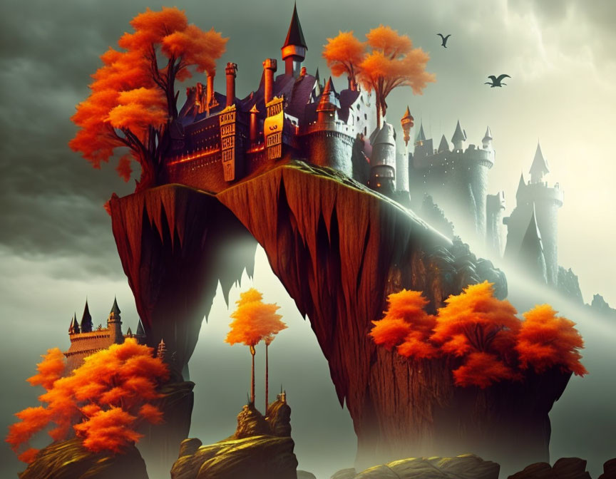 Mystical castle on floating rock island with red towers and orange trees