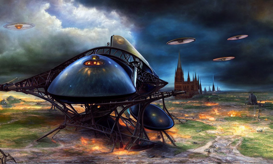 Futuristic alien structure, flying saucers, city spires, and explosions in sci-fi