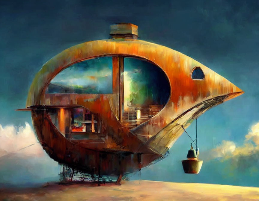 Surreal Fish-Shaped Airship Painting with House, Clouds, and Warm Colors