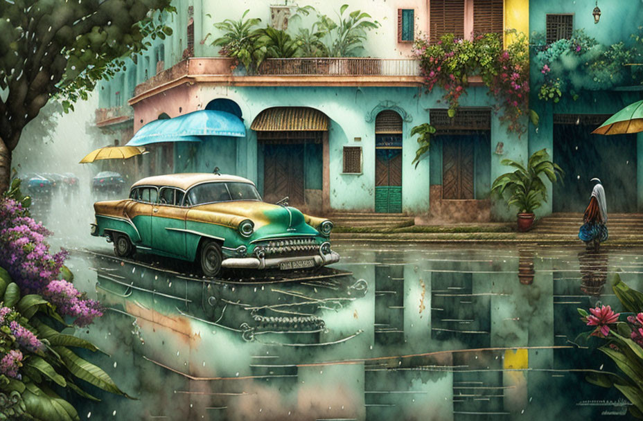 Vintage Green Car Parked on Rain-Soaked Street with Colonial Buildings and Peacock