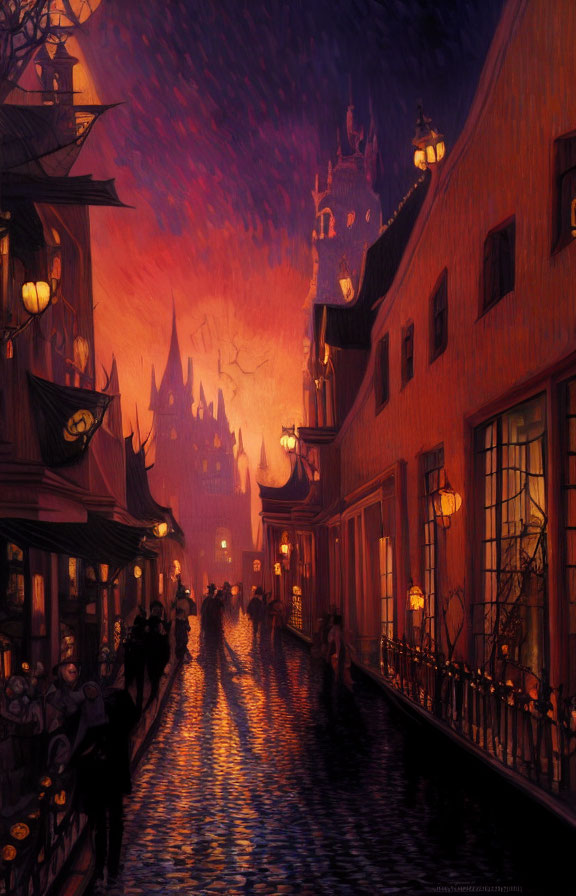 Atmospheric cobblestone street scene at dusk with warm lights under violet sky