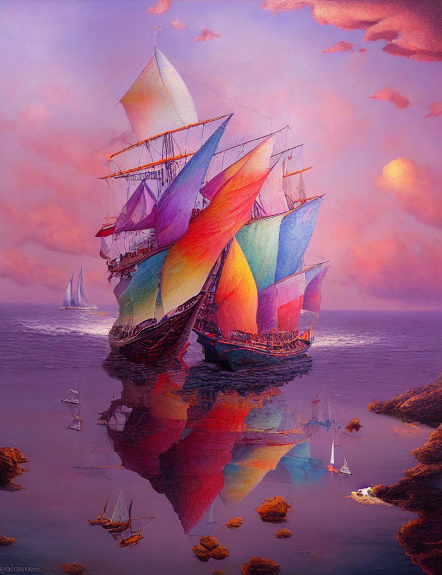 Colorful Sunset Seascape Painting with Sailing Ship and Reflections