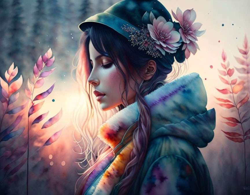 Digital artwork: Serene woman in colorful cloak with floral hood, pastel flora backdrop