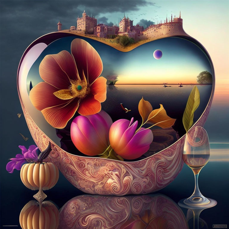 Surreal heart-shaped vessel with flowers, castle, seascape, wine glass, pumpkins on