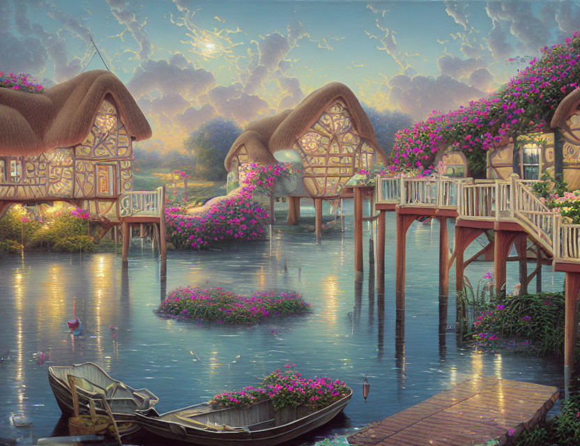 Fantastical water village with thatched-roof cottages, wooden bridges, calm river, lone