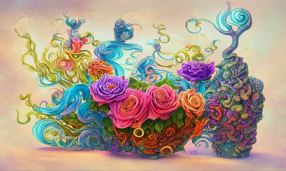 Colorful surreal artwork with swirling patterns and stylized flowers