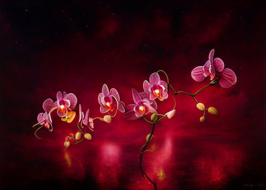 Colorful painting of pink and yellow orchids on reflective red surface in night setting