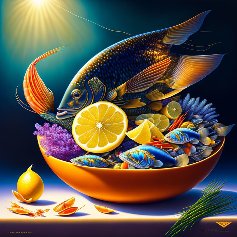 Colorful digital art of fish, lemons, and sea plants in a bowl under the sun