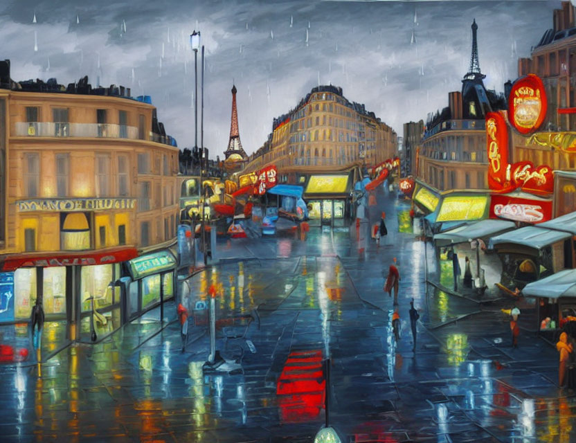 Rain-soaked Parisian street at dusk with neon signs and Eiffel Tower.