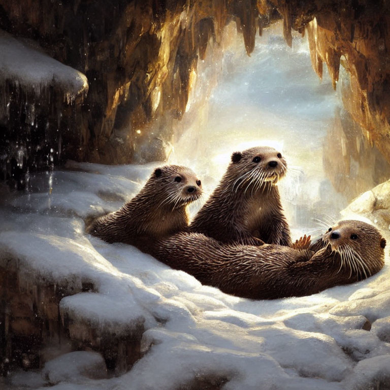 Three Otters Lounging in Snowy Cave with Icicles