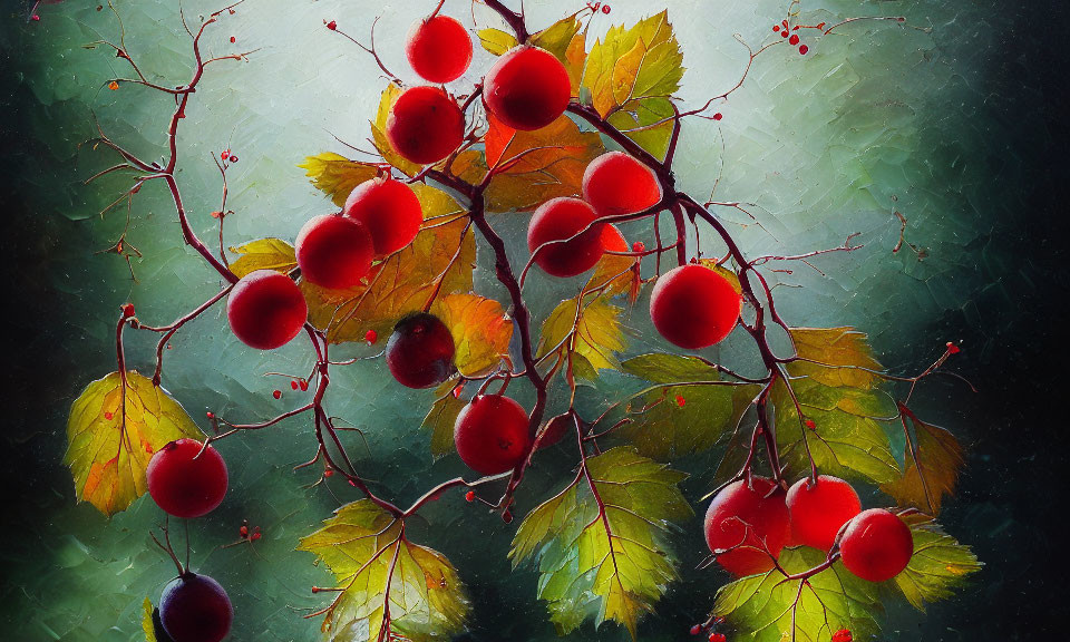 Vibrant red berries and green leaves on dark branches against textured green background